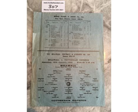 42/43 Millwall v Tottenham Football Programme: League match fair condition with no team changes. Fold and couple of tears on 