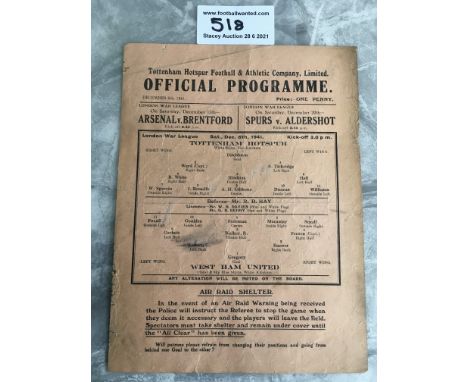 1941/42 Tottenham v West Ham Football Programme: League match dated 6 12 1941 with no team changes. Fair condition single she