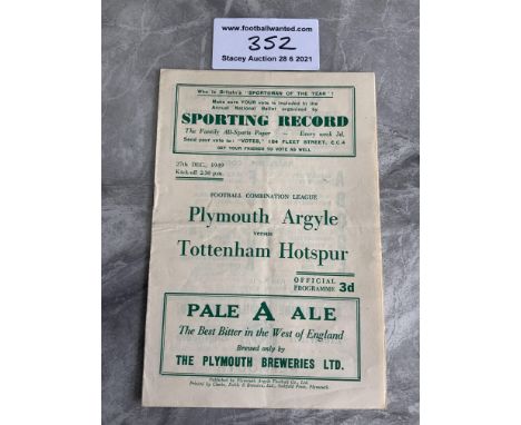 49/50 Plymouth Reserves v Tottenham Football Programme: Good condition Football Combination match with team changes.