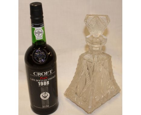 A bottle of 1988 Croft vintage port and a cut glass decanter