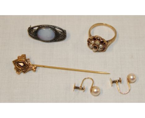 A 9ct gold dress ring set garnets and seed pearls, pair of pearl mounted earrings, silver and opal brooch etc 