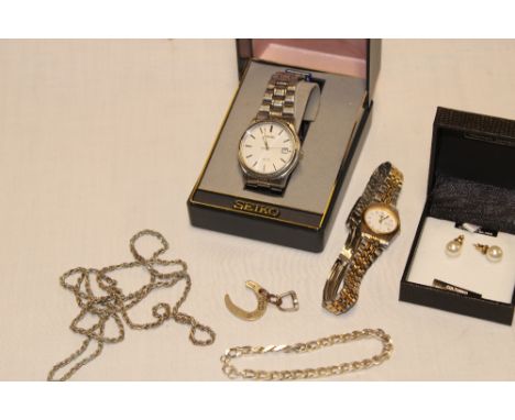 A small silver flat link bracelet, ladies and gent's wrist watches by Seiko, pearl mounted earrings etc 
