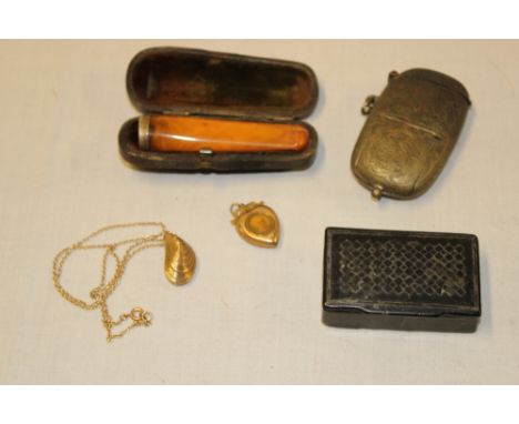 A silver plated combination vesta case and sovereign case; 19th century lacquered rectangular snuff box; 9ct gold mounted hea