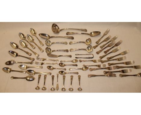 A part set of George IV silver King's pattern cutlery comprising 14 table forks, 4 dessert forks, 4 dessert spoons, 7 serving