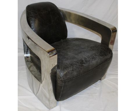 A good quality vintage-style chromium-plated angular easy chair upholstered in black leather 32" long 