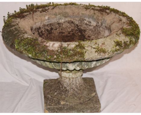 A weathered concrete circular garden pedestal planter on tapered base 32" diameter 