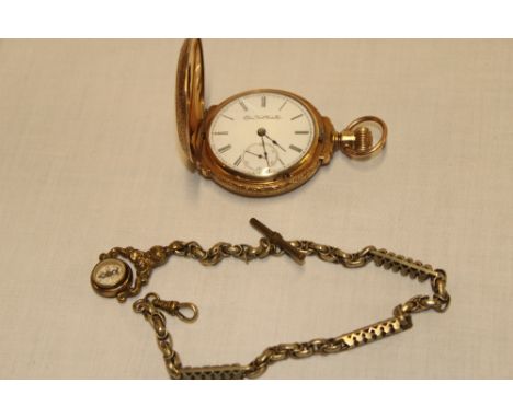 A gentleman's pocket watch by The Elgin National Watch Company with circular enamelled dial in 14ct gold plated floral case t