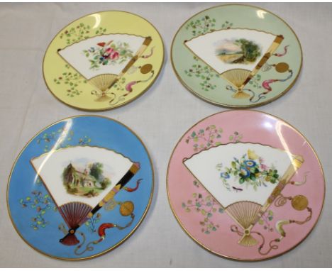 Four 19th Century Mintons china circular plates with fan central designs depicting landscapes and flowers 9½" diameter 