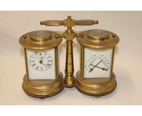 A good quality brass carriage-style twin clock and barometer set, the left side with French carriage-style clock with rectang