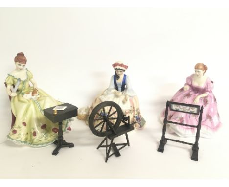 Boxed Royal Doulton The Gentle Arts figures including Tapestry Weaving HN3048, Spinning HN2390, Writing HN3049. No obvious da