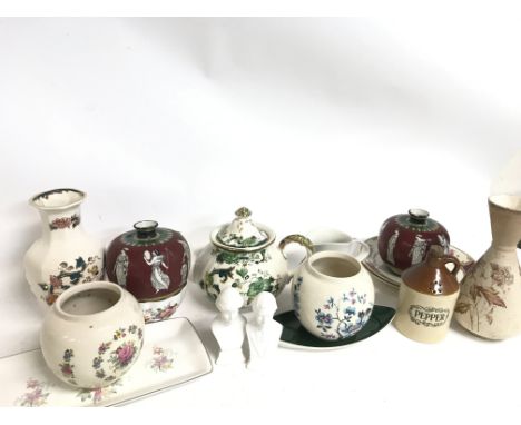 A Collection of ceramics including Sadler vases, Masons ironstone vases, Poole bisque busts, Royal Devon vase etc. Together w