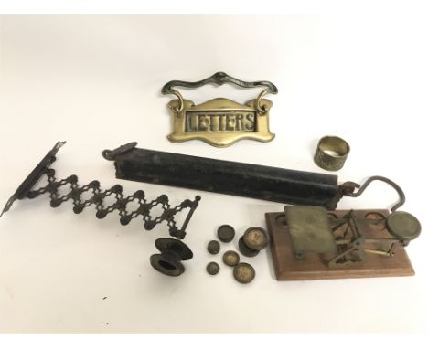 A Collection of assorted items including a Victorian letter box, extending candle lamp, salter scale no2, small letter scales