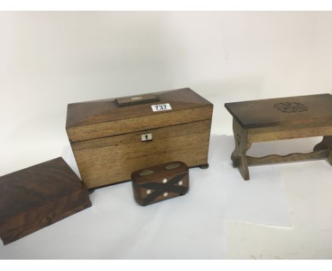 A 19th Rosewood tea Caddy with two sections a small walnut games box and a small table casket and treen money box.