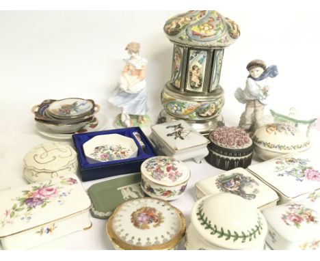 An Italian ceramic musical cigar holder, Old Country Ways Worcester figure, A Coalport figure and an assortment of Porcelain 