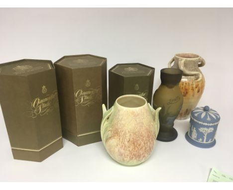 Three boxed Royal Worcester Ornamental Studio ceramic and metal bird ornaments in fitted boxes A copy Galle vase Art Deco des