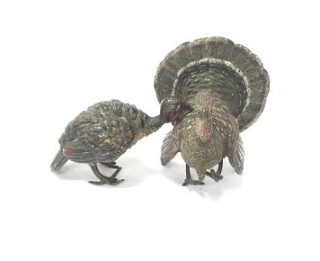 2 cold painted bronze turkeys by Bergman.Larger is 9cm high by 7cm.Postage B