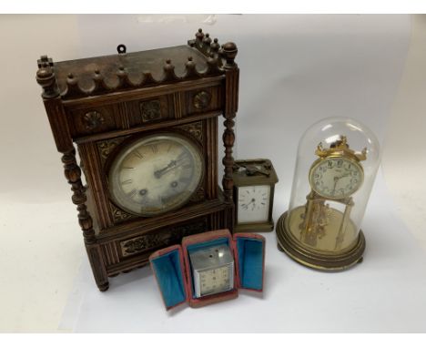 4 various clocks. Victorian Oak mantle clock, Brass carriage clock, Kundo anniversary clock, chrome plated JAZ travel alarm c