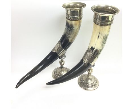 A pair of silver plated cow horn drinking vessels, 38.5cm tall. Postage category C