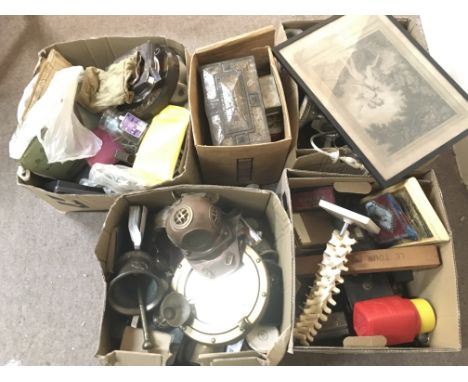 A collection of assorted items including a small brass and copper scuba diver helmet, a bronze mortar and pestle, Japanese dr