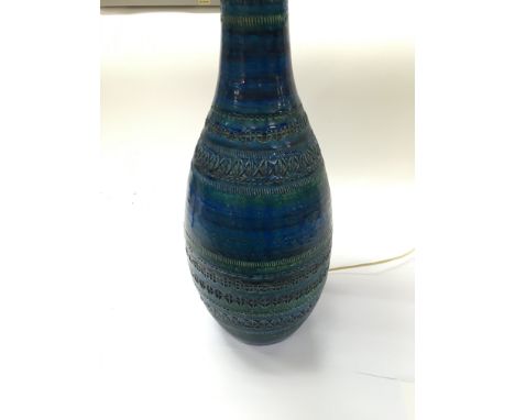 A strong colour and texture Italian studio pottery table lamp. 50cm tall 18cm wide not including shade. Postage D