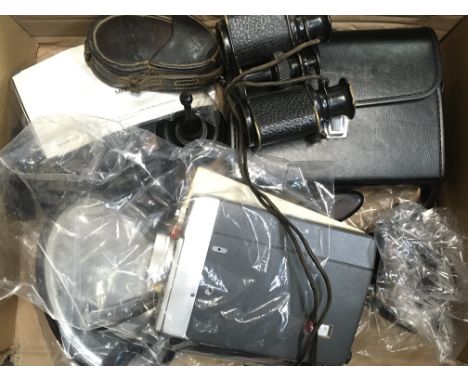 A box containing binoculars, parker fountain pens including a 14k gold tipped example, leather cased Volt meter, Minolta AF-3