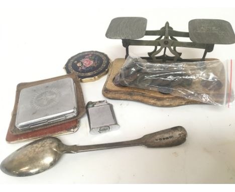A silver spoon London 1821 hallmarks ladies compacts and postal scales.