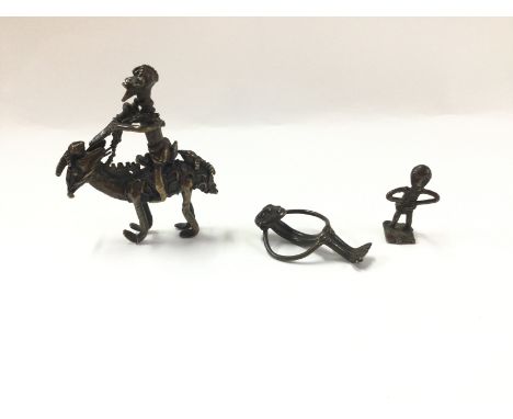 Three bronze west African antique figured gold weights.