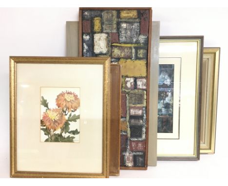 A collection of framed still life, abstract, watercolour scenes etc. Artists including artists A.Blockley.