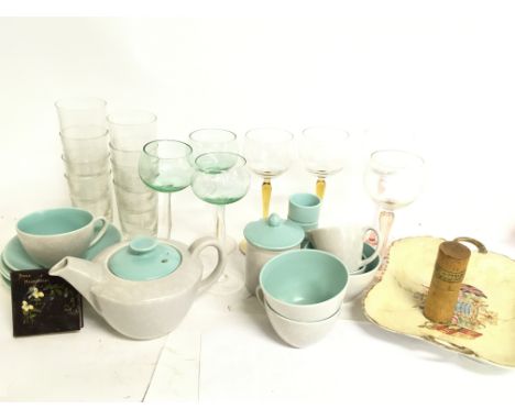 A collection of glasses including Poole cups, saucers. Coloured art glass. This lot cannot be posted- NO RESERVE