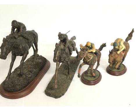 Race horse resin and emulated bronze figures. This lot cannot be posted