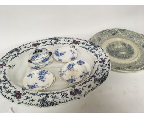 A Victorian ceramic Turkey plate a Wilton ware blue glazed bowl a part late Victorian childâ€™s ceramic dinner set and one ot