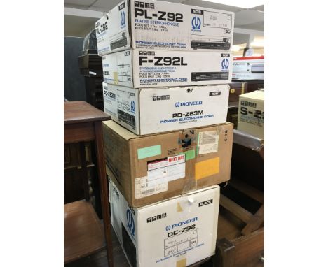 Boxed Hi-Fi equipment including Pioneer S-Z92 Speaker system, PL-Z92 Stereo turntable, F-Z92L FM/AM digital Synthesiser, DC-Z
