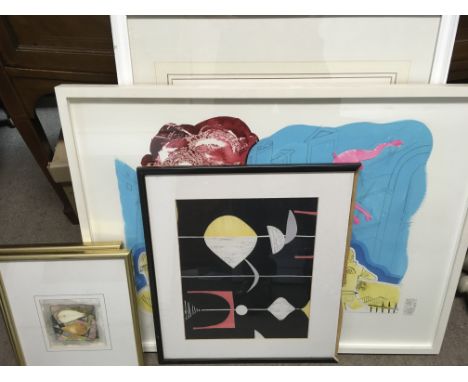A collection of Framed abstract art including 21st century artist Jonathan Millward, Shirley Trevena still life pears. This l