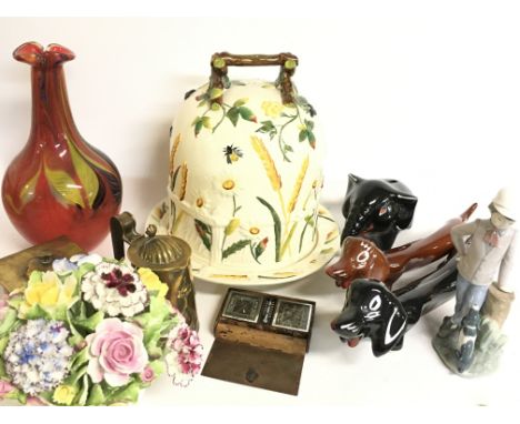 A collection of ceramics including a Nao figure, Royal Doulton floral Posy bowl (damaged), art glass vase etc