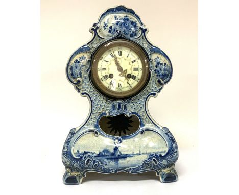 Delft Blue And White Ceramic Mantle Clock. 37cm. (Catagory D.Postage no avaliable).