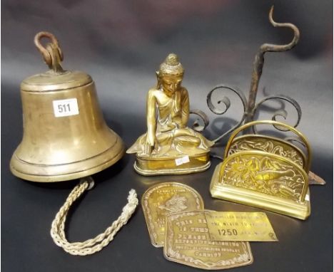 Collection of brass including a bell with wrought iron bracket, an Eastern seated Buddha figure, etc.