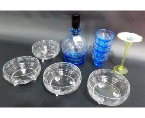 Glass including an Art Deco pale blue cut glass cordial decanter and five cups, set of four blue and grey dessert bowls and a