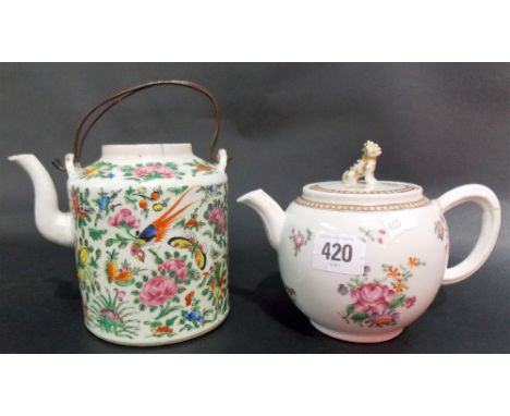 18th Century Chinese export famille rose foliate enamel spray decorated ovoid teapot (af); together with a Cantonese cylindri