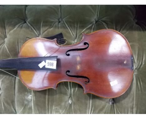 A Stradivarius copy violin, the two piece medium curl 14' back with stamped button together with two nickel mounted bows and 