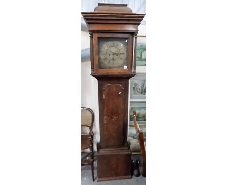 18th Century oak cased eight day longcase clock, the 12' square brass dial signed Petr Caldwel APPLETON, the caddy top hood w