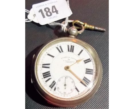 Silver engine turned open face pocket watch, the enamel dial and lever movement signed A. Yewdall Leeds, Birmingham 1913