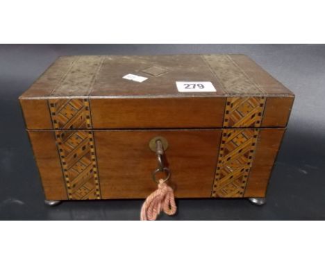 19th Century parquetry inlaid two section tea caddy, width 8.75'