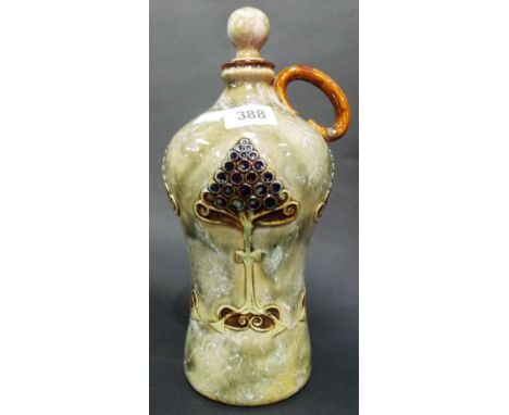 Royal Doulton stoneware flask and stopper with single handle decorated with four stylised trees upon a mottled green ground, 