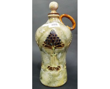 Royal Doulton stoneware flask and stopper with single handle decorated with four stylised trees upon a mottled green ground, 