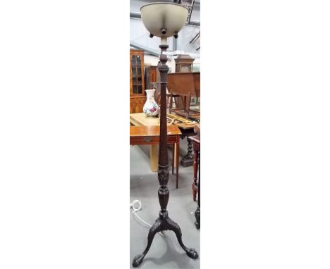 George III style mahogany three light tripod standard lamp, turned and fluted and with stiff leaf and wheat carved collar, th