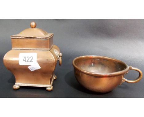 19th Century copper tea caddy of rectangular baluster form with lion ring handle upon ball feet, height 5.25'; together with 