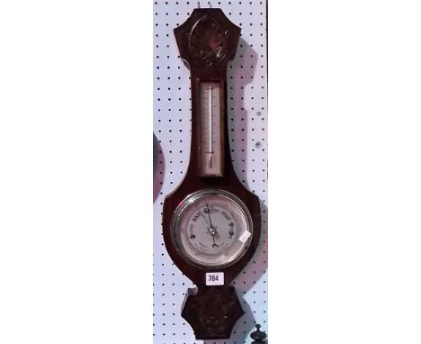 Oak carved banjo aneroid barometer thermometer, height 23'