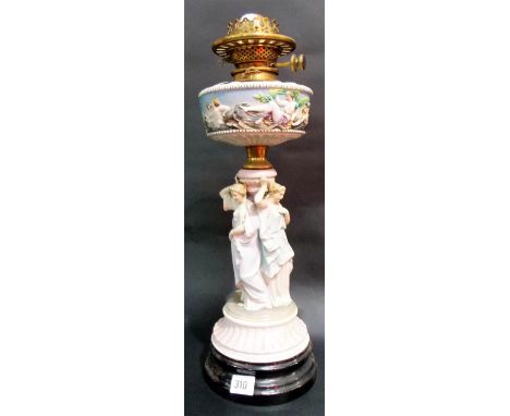 19th Century Continental porcelain Meissen style oil lamp, the reservoir moulded in relief with Greek classical figures inclu