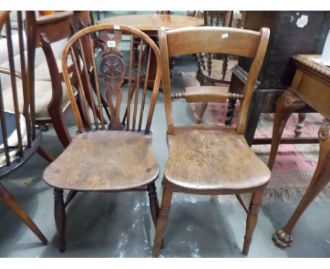 Ash and elm wheel and stick-back kitchen chair together with a Victorian ash and elm kitchen chair (2)