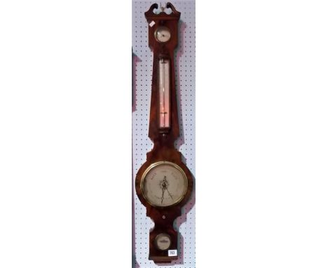 19th Century mahogany veneered banjo barometer with silvered dials and scale, the case with swan-neck pediments, height 78.25